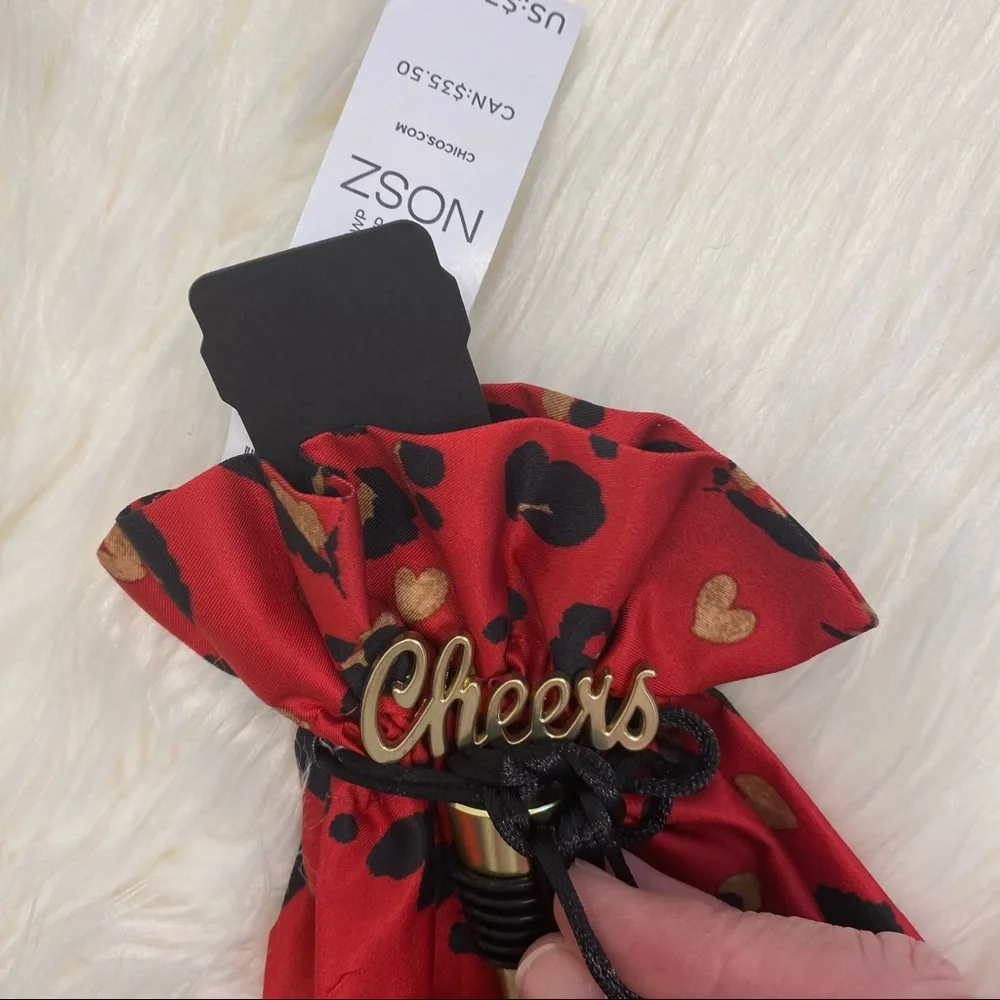 CHICO’S CHEERS HEART LOVE RED AND BLACK WINE BAG AND STOPPER GIFT SET